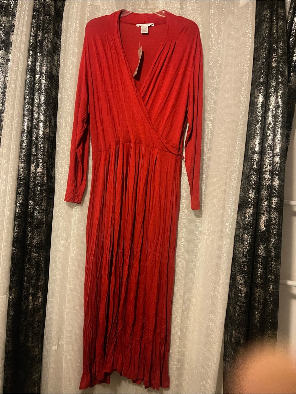Women’s Red Wrap-Front Maxi Dress with Long Sleeves